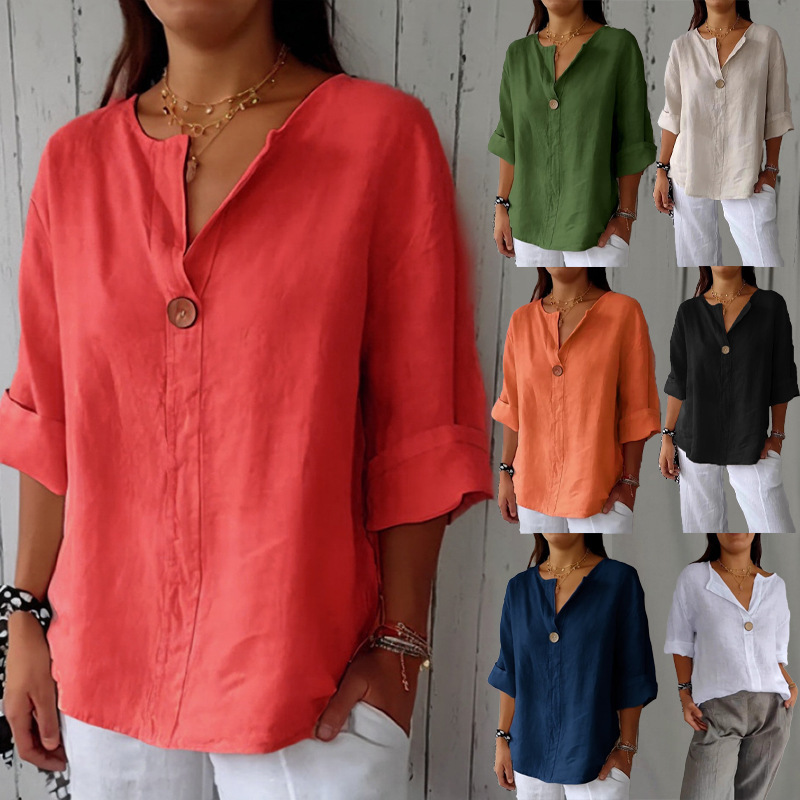 亚马逊2025跨境欧美夏季新款外贸宽松T恤衫女士V领棉麻纽扣上衣女