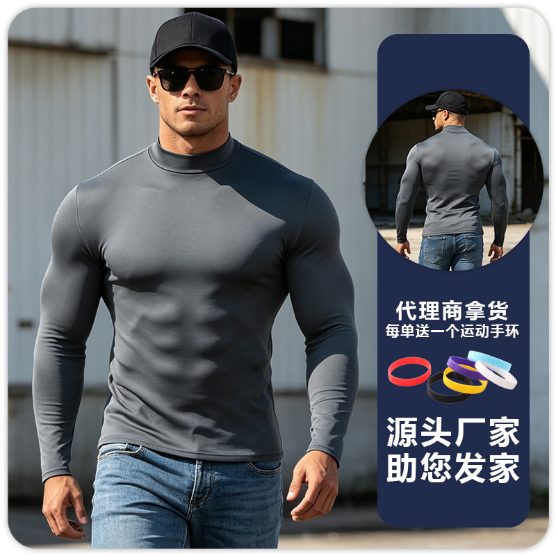B5024 hombre de manga larga ajustado de cuello de media altura deportes de yoga correr maratón camisa de calentamiento camisa de base trajes de gimnasio