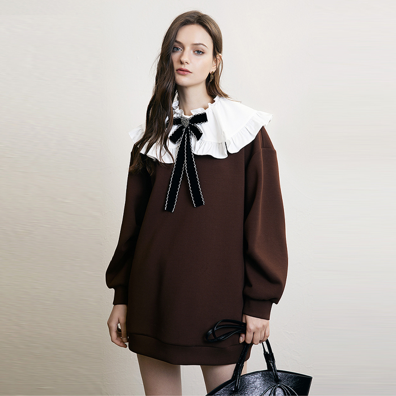 Autumn cute knitted long-sleeve for leisure with bow, oversize
