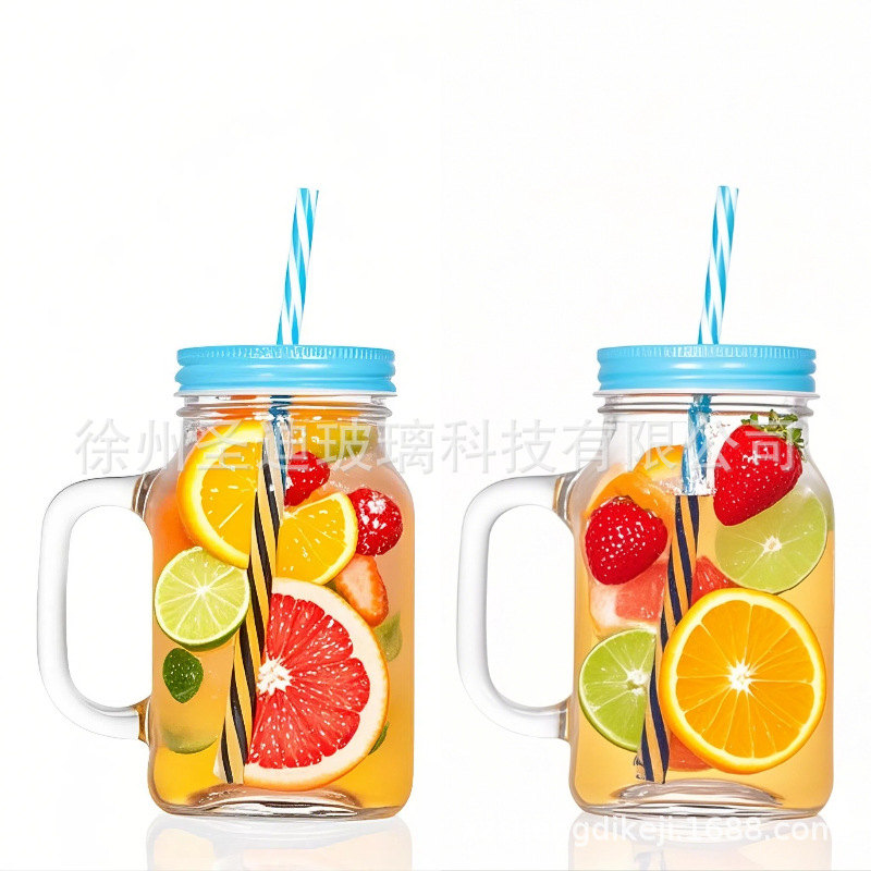 透明丝口480ml 16oz透明玻玻璃杯子把手水杯梅森杯饮料杯奶茶杯