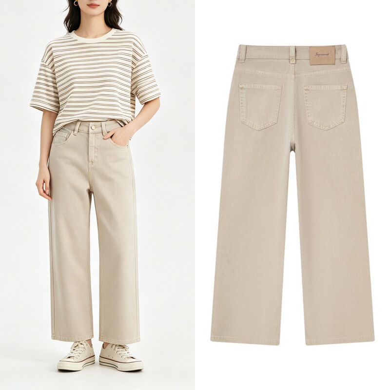 Light Khaki Four-Way Stretch Casual Jeans for Women, Summer 2026, High-Waisted, Slimming, Fashionable Straight-Leg Pants, Cropped Length for Petite Sizes Light Khaki Four-Way Stretch Casual Jeans for Women, Summer 2026, High-Waisted, Slimming, Fashionable Straight-Leg Pants, Cropped Length for Petite Sizes
