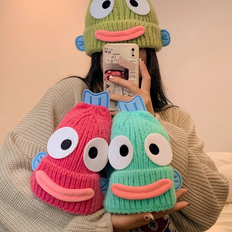 丑鱼帽子女秋冬季毛线帽韩版显脸小保暖针织帽可爱丑萌搞怪护耳帽|undefined