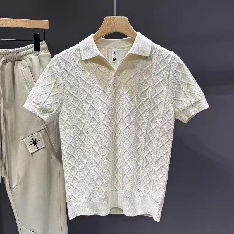 Camisa POLO cuello en V manga corta hombre textura en forma de diamante sentido negocio británico delgado verano hielo seda marea comercio exterior transfronterizo al por mayor