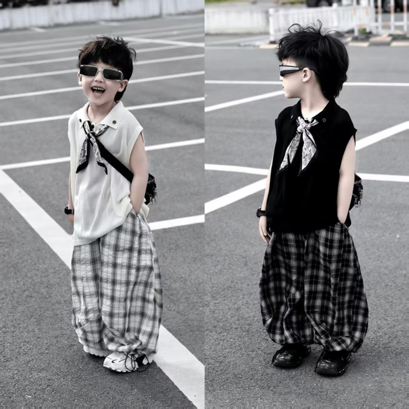 男の子の夏のノースリーブスーツ 2025 夏の新しい子供の薄いトップスチェック柄パンツ西洋スタイルの小さな男の子の服|undefined