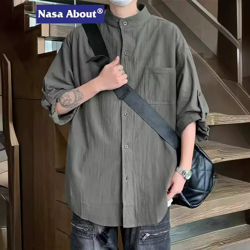 NASA纯棉短袖衬衫男2024夏季立领百搭衬衣宽松休闲薄款七分袖上衣