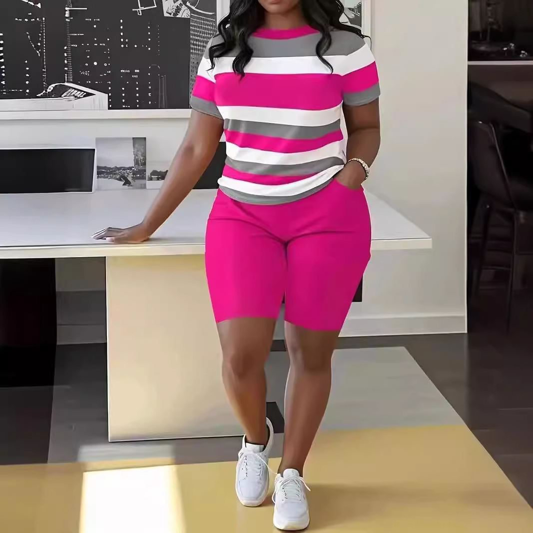 Small amount of in stock cross-border European and American plus size women's T-shirt suit striped pullover short sleeve letters 3D printed shorts