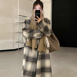 2026秋冬新款高级感韩系格子大衣女复古格纹西装加长款毛呢外套