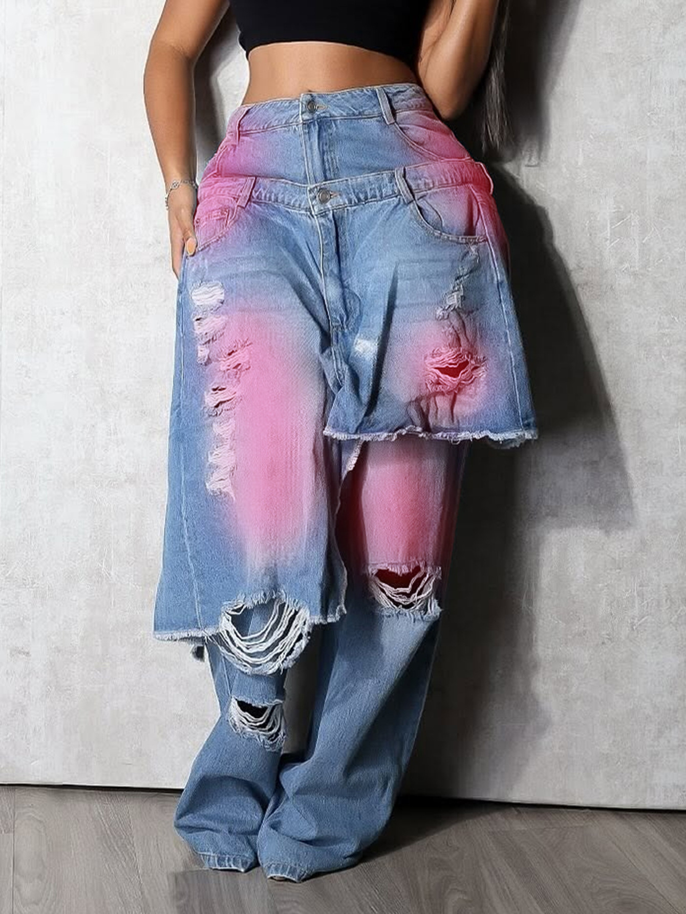 YL2568 Autumn/Winter European And American Women's Fashion Washed Ripped Spray-Dyed Loose Stretch Denim Patchwork_ecoleips.com