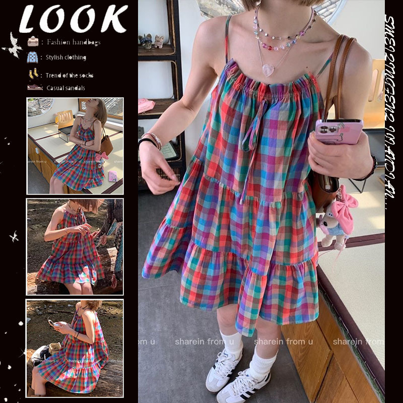Dopamine Wear Sweet Color Plaid Sling Dress Women's Summer Slim-fit Loose Short Skirt Doll Skirt Dopamine Wear Sweet Color Plaid Sling Dress Women's Summer Slim-fit Loose Short Skirt Doll Skirt