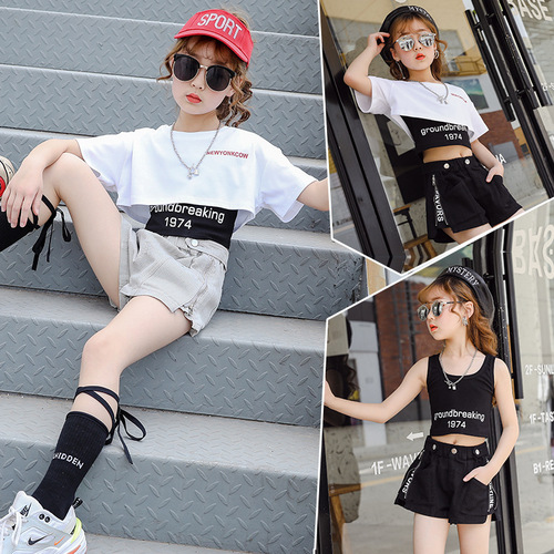 女童夏装套装新款中大童网红洋气漏脐超酷韩版短裤炸街两件套