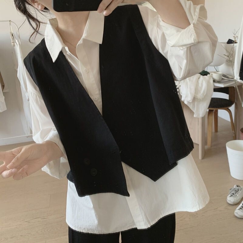 Korean-Style Design 10-Piece Vest Set, Loose-Fitting, Trendy, Versatile, Casual Cotton Shirt-Style Shirt Set, Black Two-Piece Set