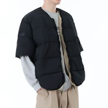 外贸跨境冬季港风中袖无领棉服男复古宽松半截袖潮牌棉衣外套女潮