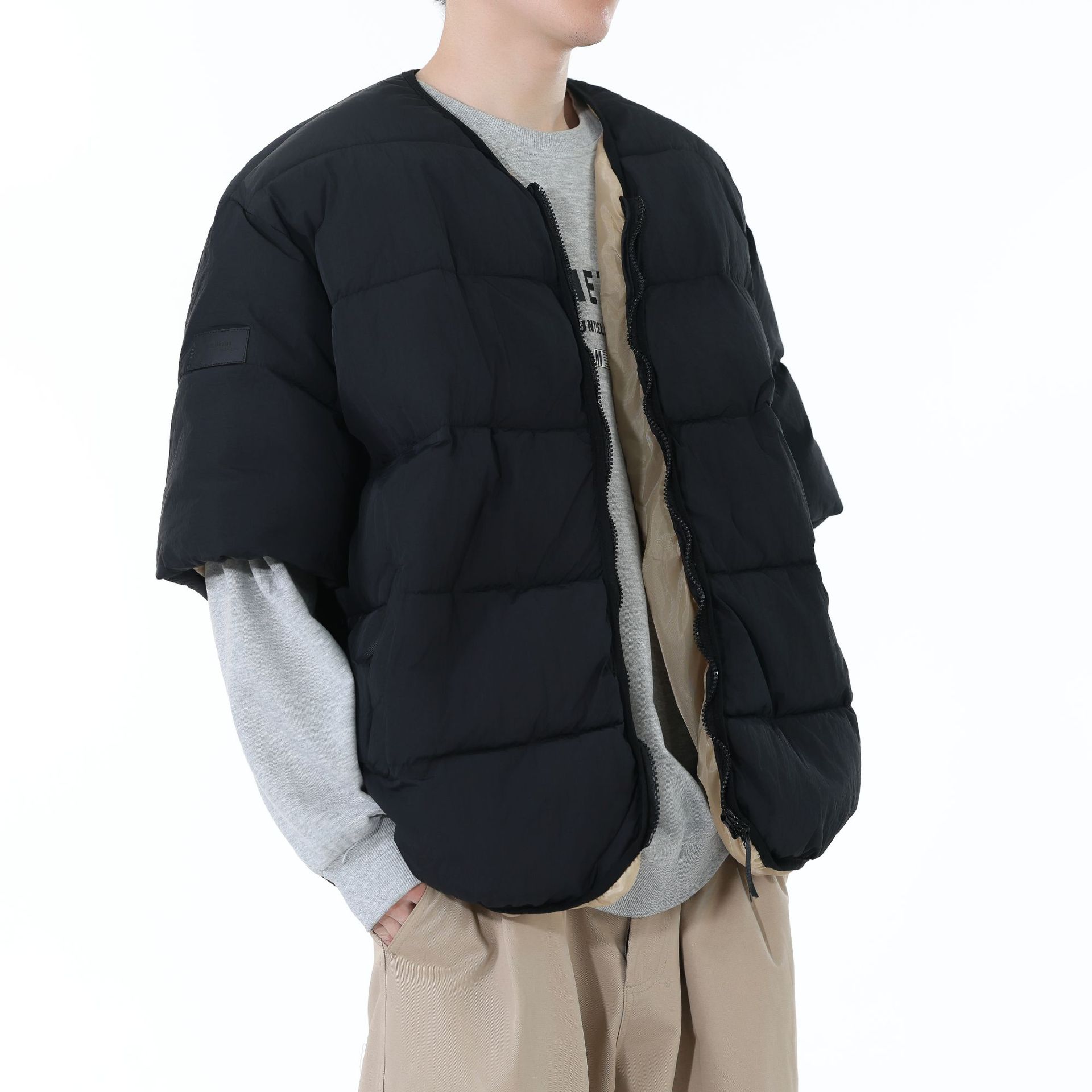 外贸跨境冬季港风中袖无领棉服男复古宽松半截袖潮牌棉衣外套女潮