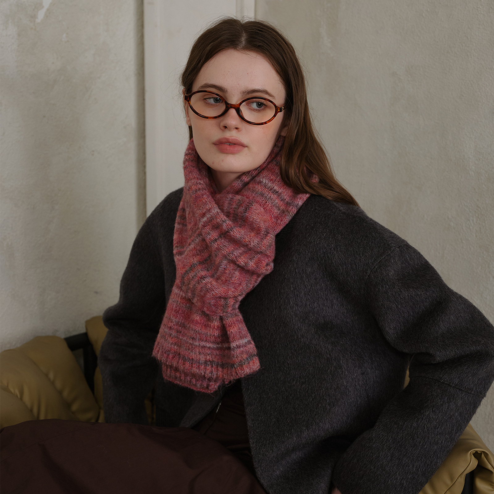 小众复古氛围感显白酒红保暖羊毛混纺围巾女秋冬毛线男女针织围脖