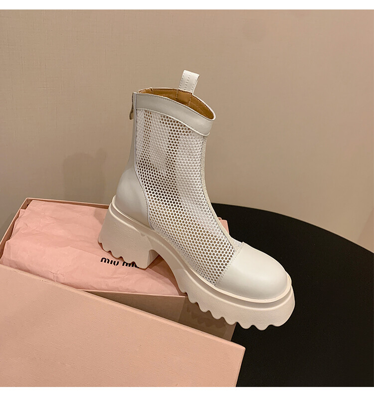 Boot nữ cổ cao đế dày gót bánh xốp da bò lưới thoáng khí xuân hè 2024 — Màu đen, Màu trắng be chi tiết 20