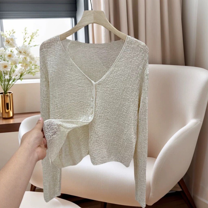 Summer New Casual V-neck Linen Single-breasted Hollow Micro-transparent Thin Sunscreen Knitted Sweater Small Cardigan Jacket