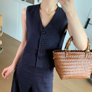 Women's Fashion Simple New Style Comfortable Loose Breathable Linen V Neck Vest Linen Vest Wholesale 0.18kg