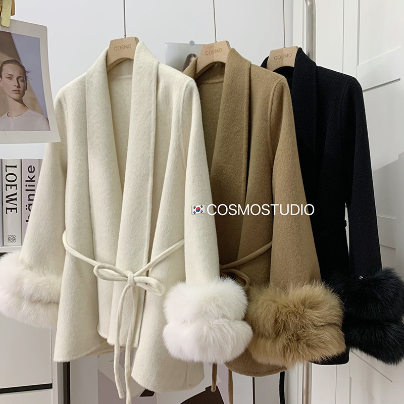 东大门大翻领狐狸袖口毛小个子双面羊绒大衣女毛呢短款系带女外套