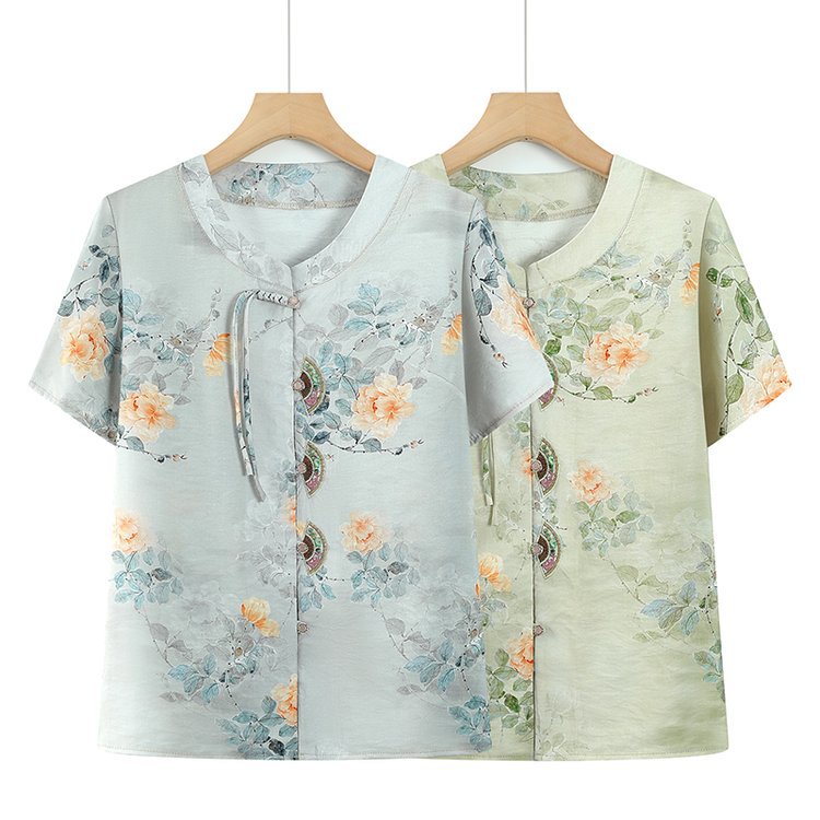 中年妈妈夏装雪纺衫奶奶女假两件2025新款中老年夏季时尚短袖上衣