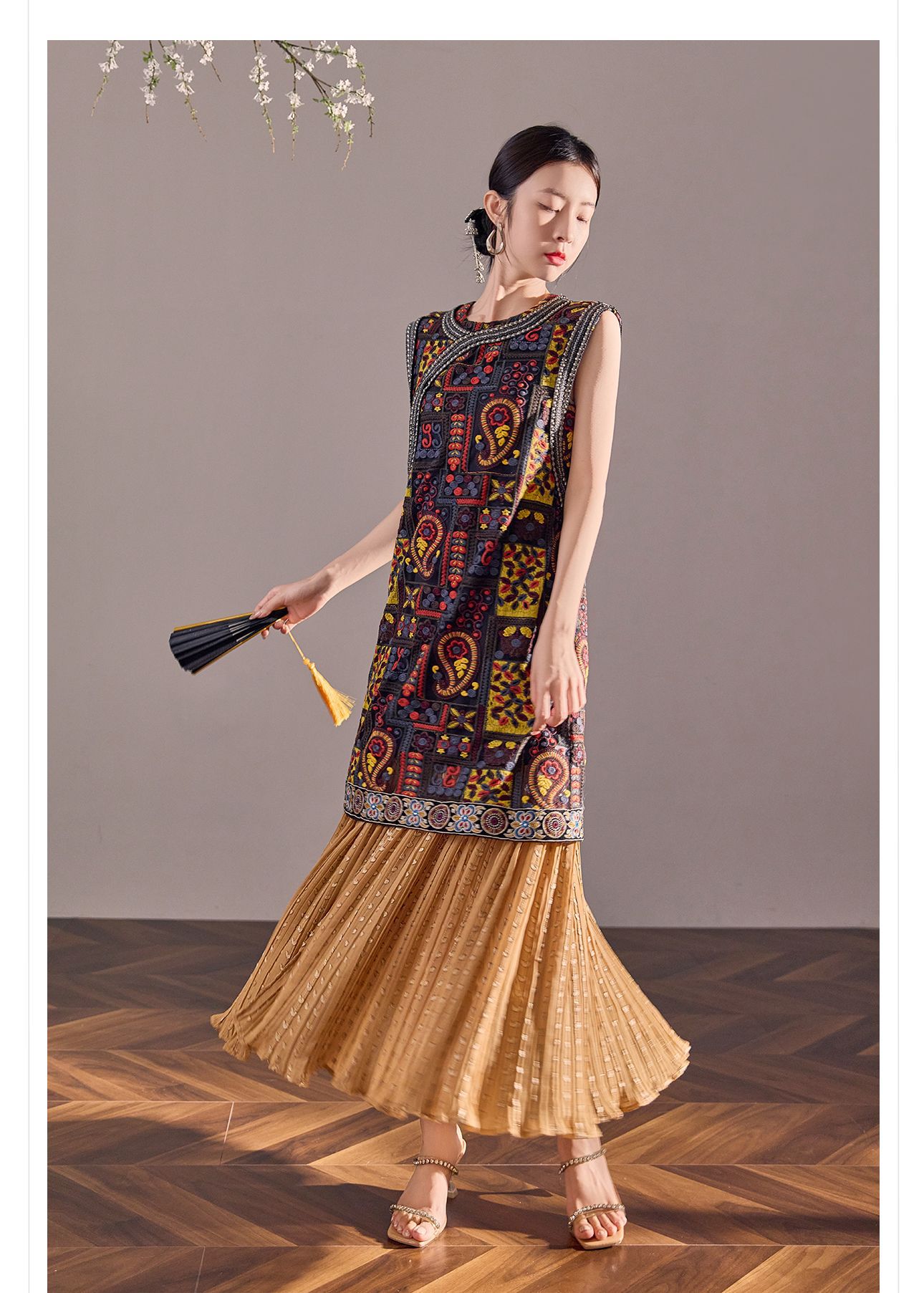 Đầm maxi nữ thêu tay phong cách Trung Hoa mới, tay ngắn, cổ tròn, chân váy dài có thể tháo rời — Màu xanh mơ chi tiết 27