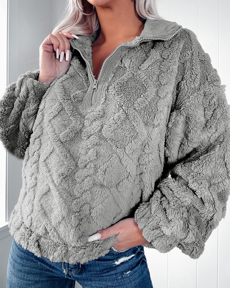 Women's Clothing simple solid color half zip stand collar loose plush pullover sweatshirt_voghion.com
