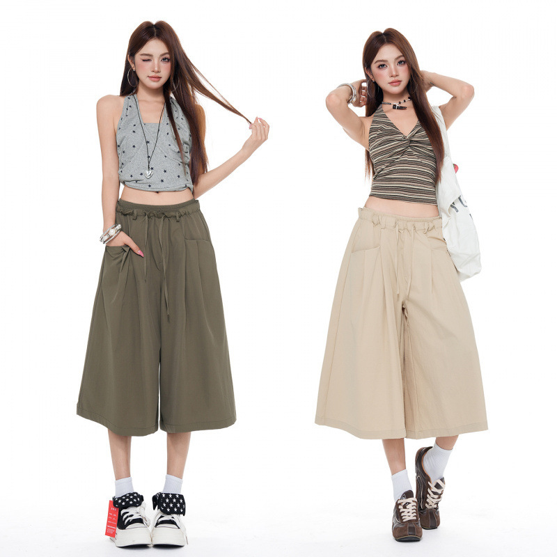Txj Workwear Style Textured Cool Wide-Leg Cropped Pants for Women, Summer Relaxed Fit Elastic Waist Loose Slimming Casual Pants Txj Workwear Style Textured Cool Wide-Leg Cropped Pants for Women, Summer Relaxed Fit Elastic Waist Loose Slimming Casual Pants