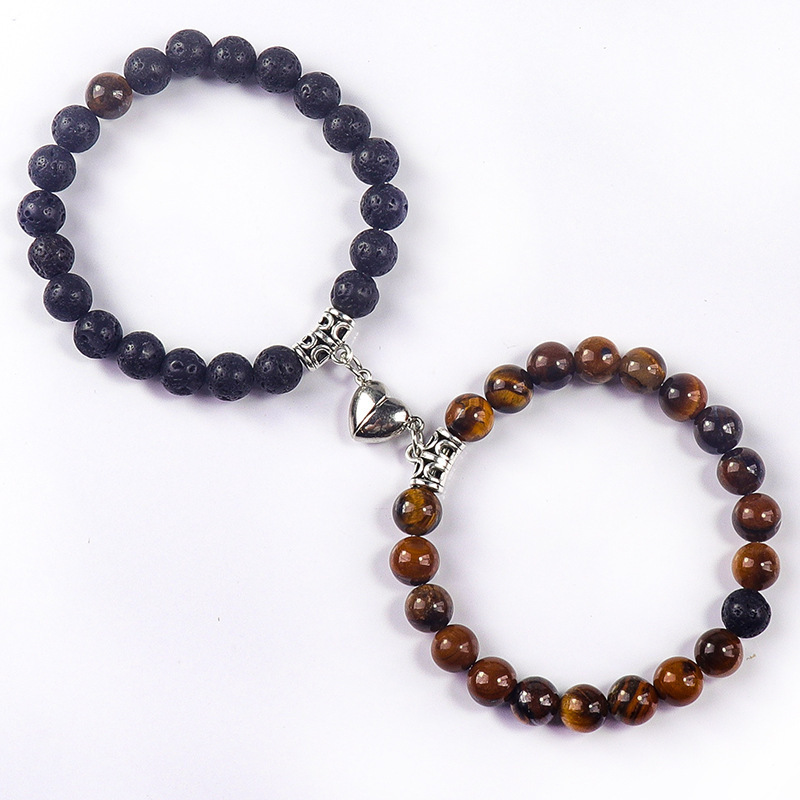 Heart-shaped Magnetic Bracelet with Tiger Eye Stone, Black Matte Stainless Steel Heart Bracelet Set, 8mm Blue Turquoise Couple Bracelet