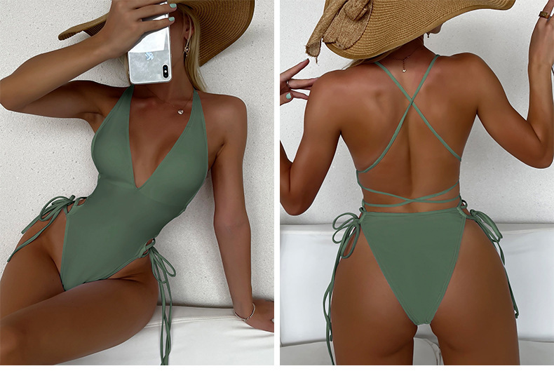 One-piece Swimsuit Deep V Neck Sexy Solid Colour Beach Bikini_voghion.com