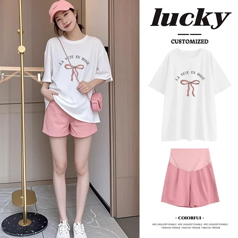Fashion Korean Style Petite Casual Sports Maternity Set Short Sleeve Shorts Versatile Maternity Two-Piece Set Fashion Korean Style Petite Casual Sports Maternity Set Short Sleeve Shorts Versatile Maternity Two-Piece Set
