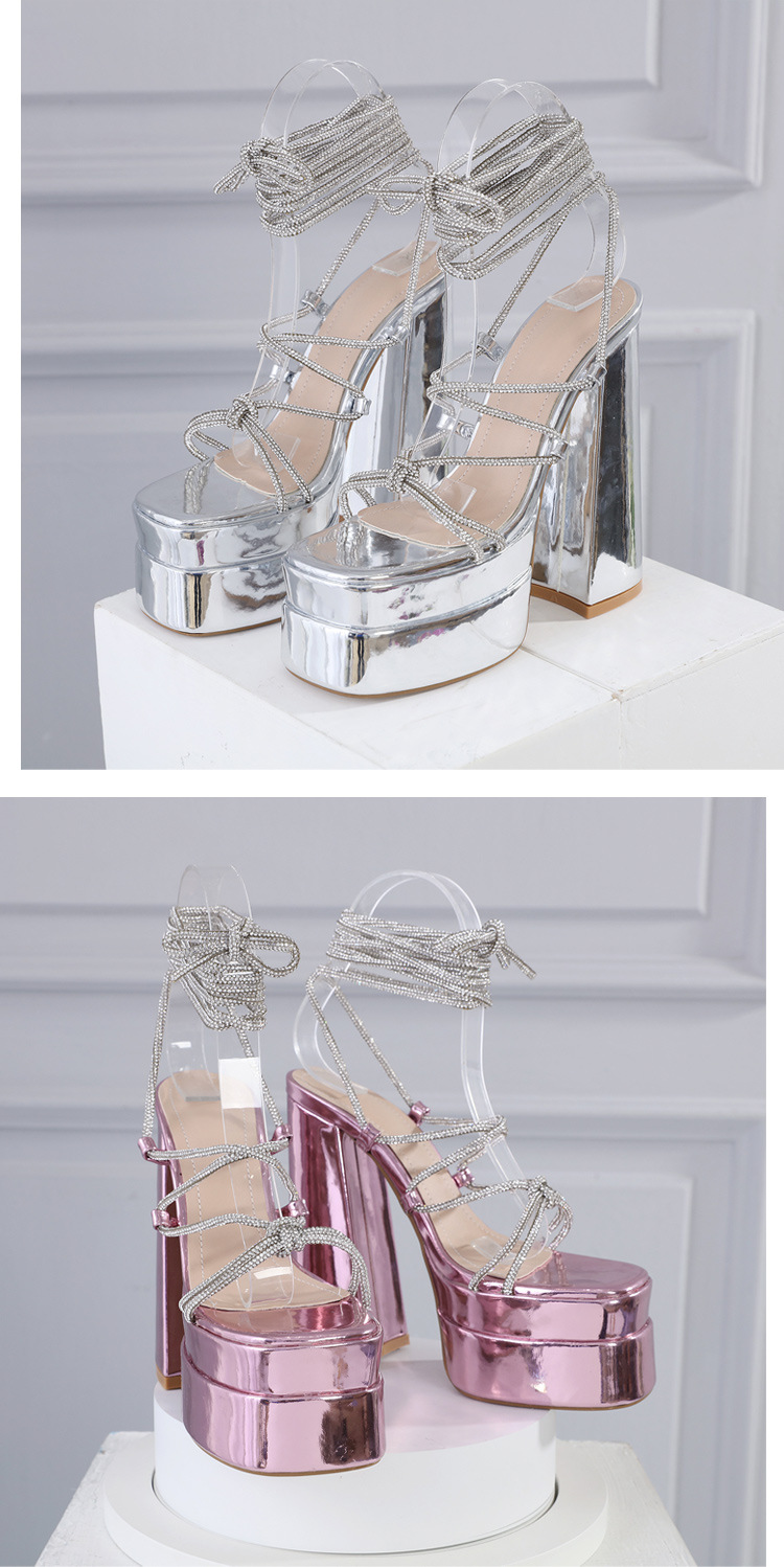 Dép sandal cao gót La Mã đính đá Rhinestone, quai dây buộc cỡ lớn — Màu đen chi tiết 19