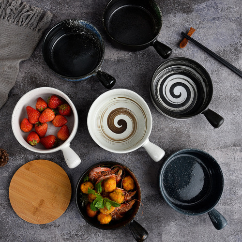 Cross-border Japanese and Korean style handle bowl tableware with lid ceramic bowl baked rice bowl instant noodle bowl handle bowl household baking bowl wholesale