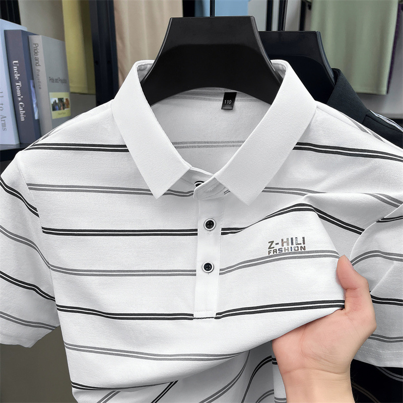Men's Thin Striped Polo Shirt, Summer New Style, Casual Business Turn-Down Collar, Breathable Short-Sleeve T-Shirt for Middle-Aged Men Men's Thin Striped Polo Shirt, Summer New Style, Casual Business Turn-Down Collar, Breathable Short-Sleeve T-Shirt for Middle-Aged Men
