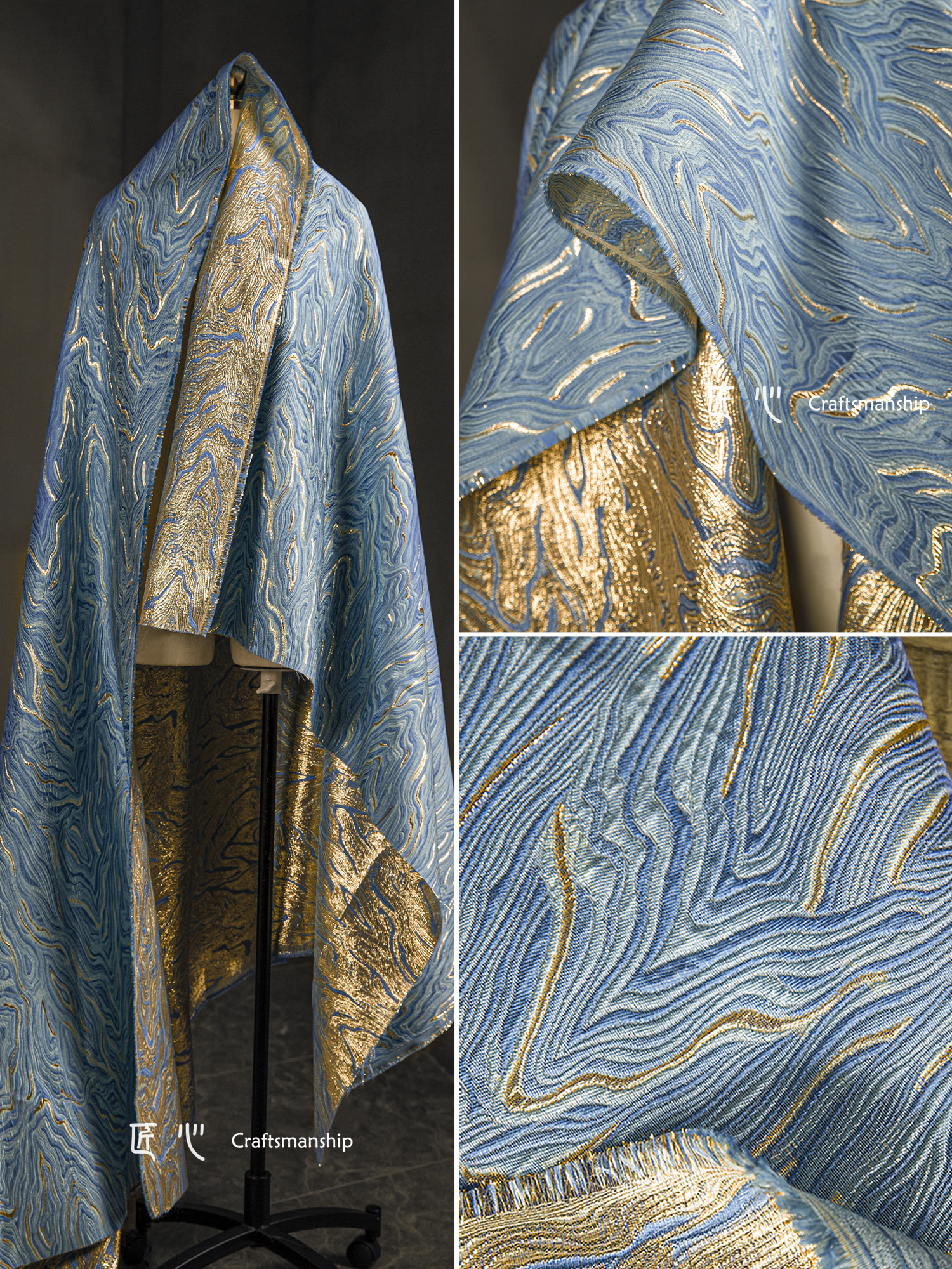 蓝色海 金丝微光提花布 立体肌理油画艺术高定外套服装设计师面料