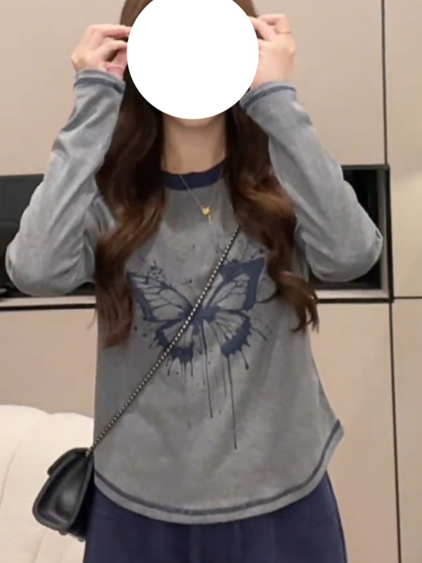 大码女装复古插肩长袖t恤打底衫秋季新款胖MM设计感时尚显瘦上衣|undefined