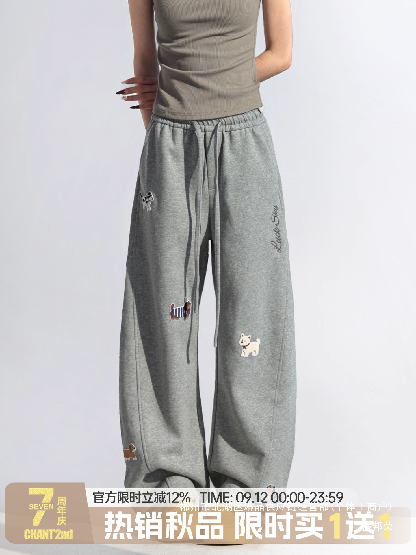 Factory Direct Sale Fun Puppy Patch Embroidery Wide-Leg Pants Women's Straight Pants Drapey Casual