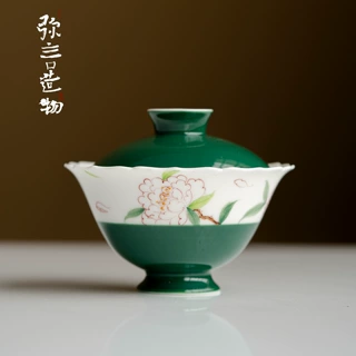 弥言手绘牡丹陶瓷盖碗手工花口泡茶碗不烫手茶碗泡茶器高颜值茶具