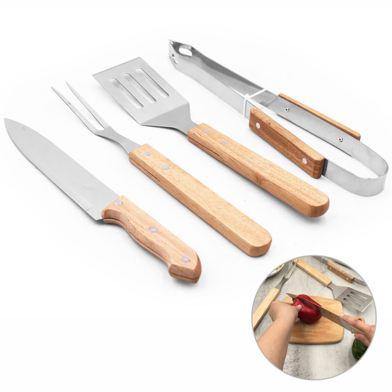 Juego de Utensilios para Barbacoa con Mango de Madera de 4 Piezas