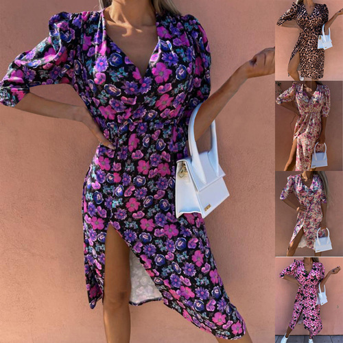 Spring and Summer Fashion Loose-Sleeve V-Neck Waist-Close Print Dress for Women