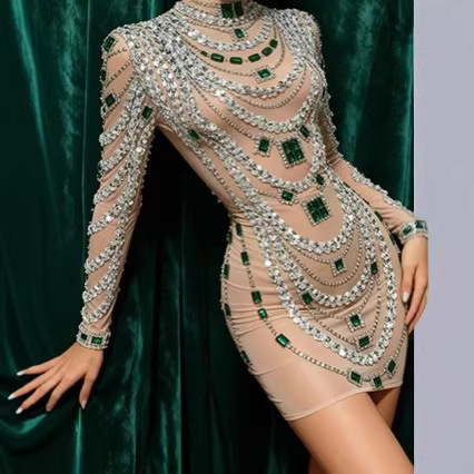 Stunning Green Diamond Sequin Sheer Mesh Wrap-Around Bodysuit for Live House Singer Stage Performance Outfit