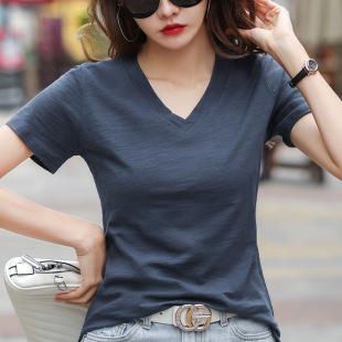 Short Front Rear Long Short-sleeved T-shirt Women's Loose plus size Cotton V-neck Split Half-sleeved 2024 New Summer White Top