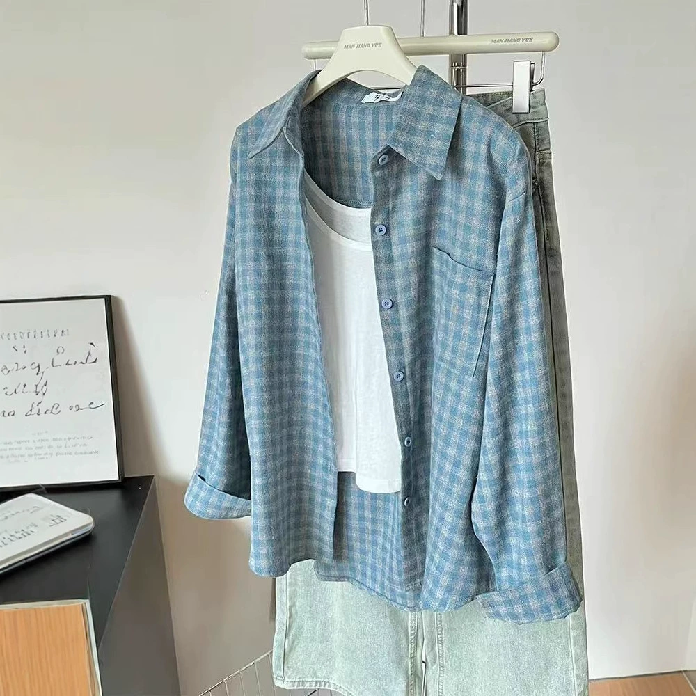 Ленивый ветер поло воротник с длинными рукавами, блузка в клетку, женская летняя повседневная свободная рубашка кардиган куртка топ