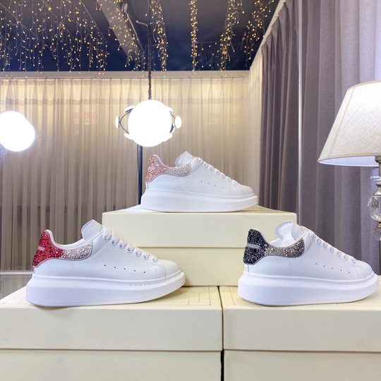 Top version High-end bright diamond McQueen white shoes women's flash Diamond cowhide thick bottom increased versatile sports couple casual shoes men