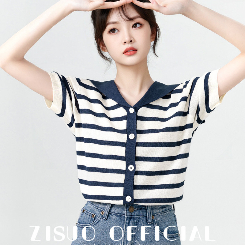 Striped Ice Silk Knitted Short-Sleeved T-Shirt for Women Summer 2026 New Summer Style Contrasting Color Navy Collar Thin Cardigan Short Top