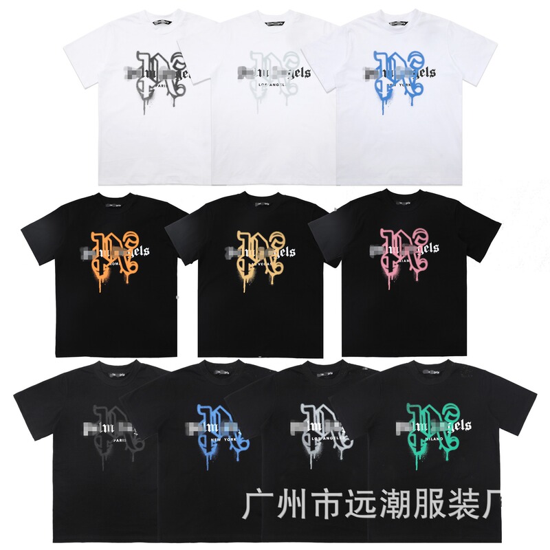24S Cross-Border European and American Trendy Brand Palm Angel Painted Flow Paint Letter Print Short-Sleeved T-Shirt for Men and Women High Street Half-Sleeved Summer