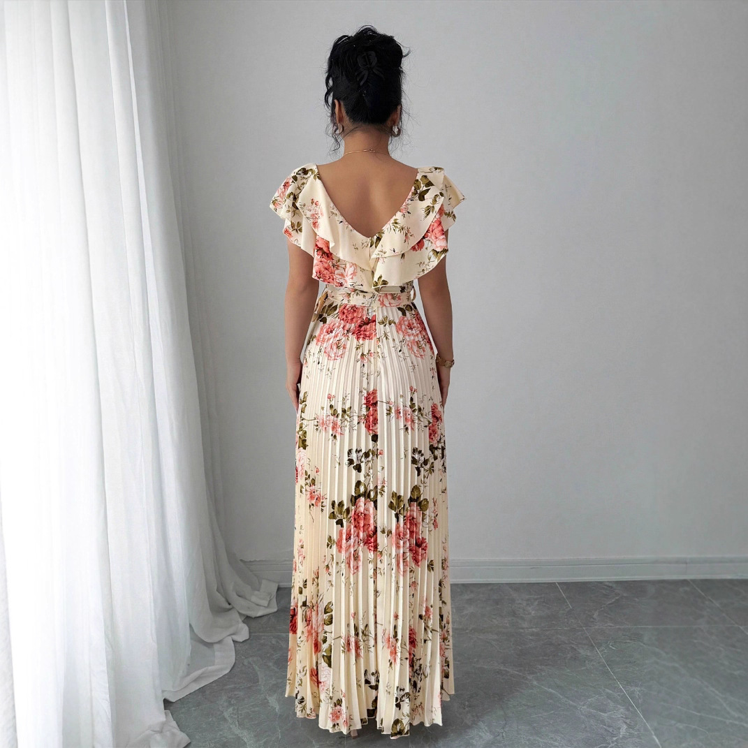 V-neck Digital Floral Print Ruffles Dress