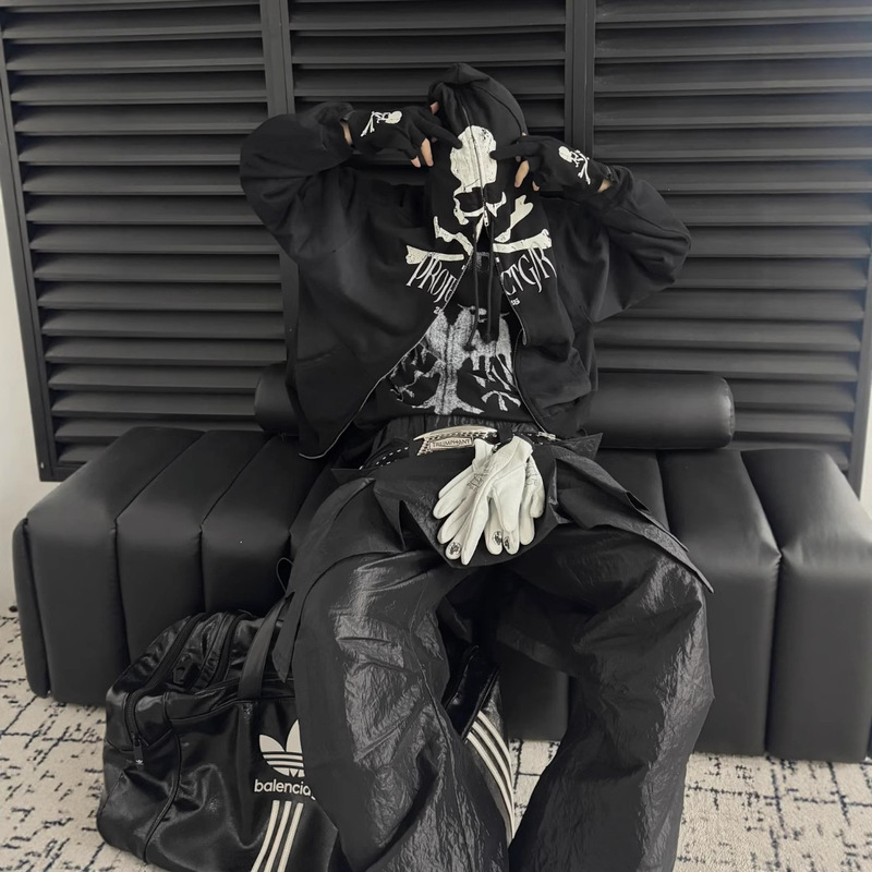 Jimo Grailz 25ss Diablo Skull Print Washed Used Zipper Gloves Hoodie Men's and Women's Hoodie