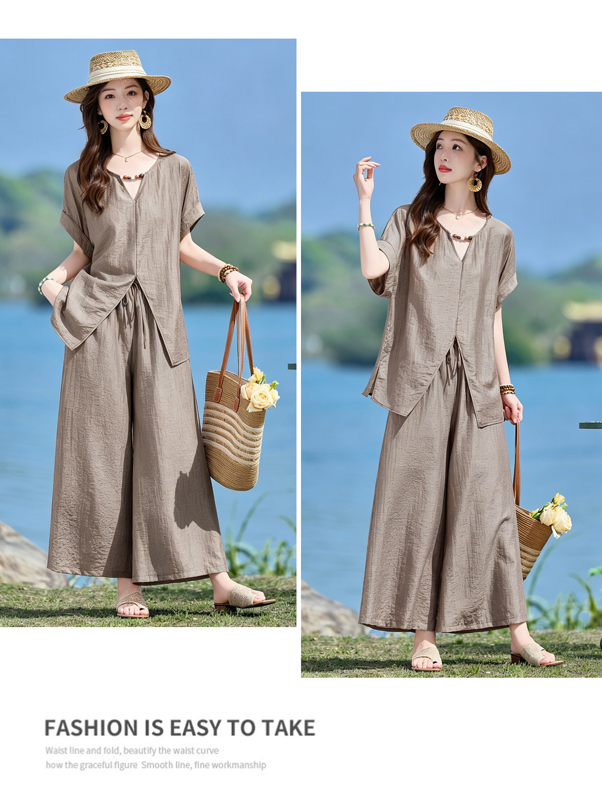 Bộ quần áo nữ hai mảnh gồm áo thun cổ V rộng và quần dài ống rộng phong cách tối giản — Cam đỏ, Màu cà phê nhạt, màu trắng ngà chi tiết 20