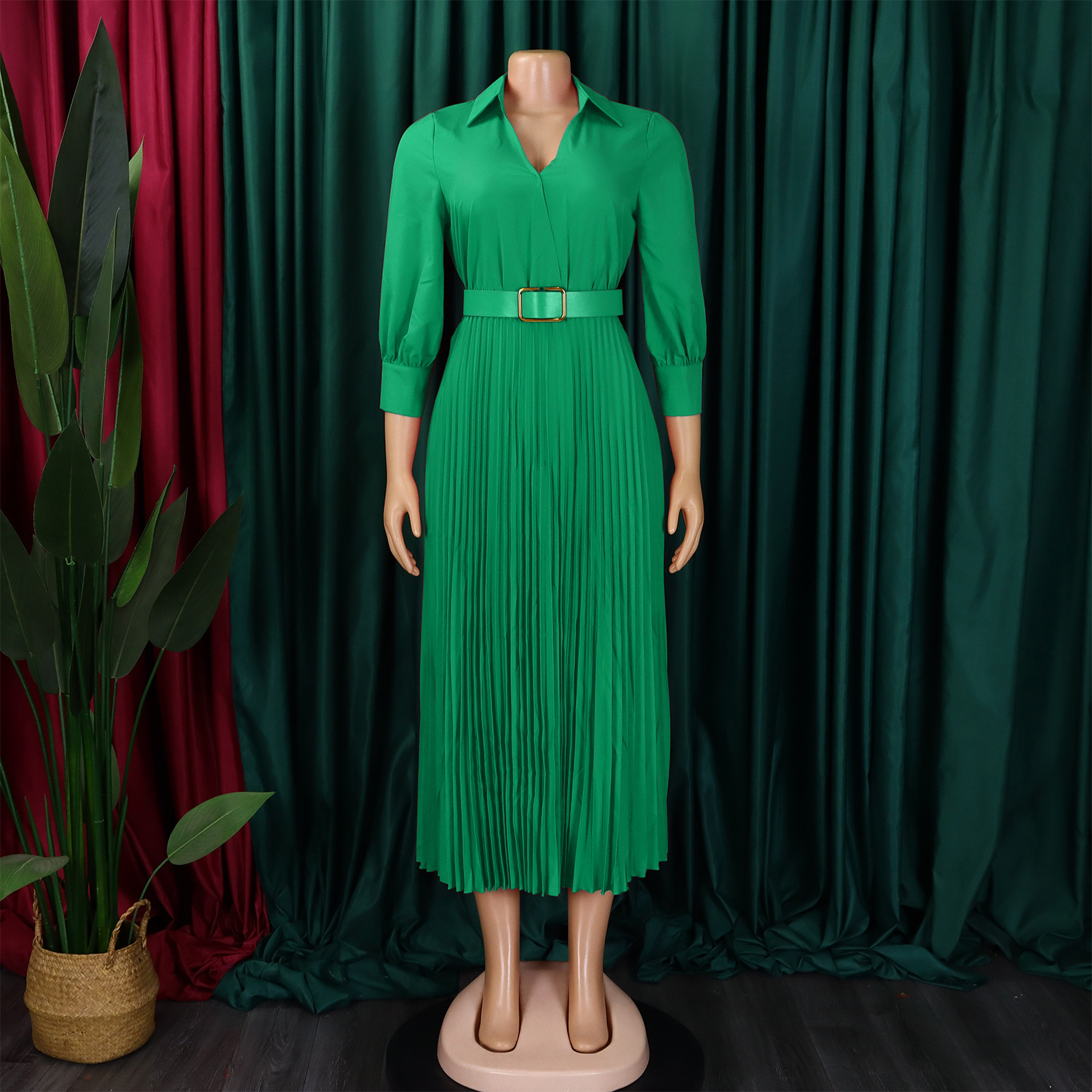 GraceChic D3327 Damenkleid Frühjahr 2025, neue Mode, V-Ausschnitt, einfarbig, langärmelig, weiter Saum, plissiert, Exportkleid_voghion.com