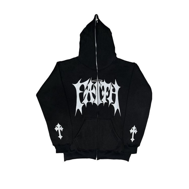 Foreign Trade Cross-border New Korean Ins Spring and Autumn Spay Cross Stars Letter Printed Full Face Zipper Hooded Cardigan