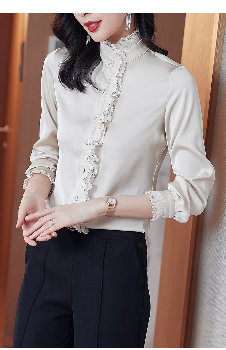 Satin chiffon stand-up collar, black ear-trimmed shirt for women, long-sleeved 2022 new Spring and autumn style, lace pic 4